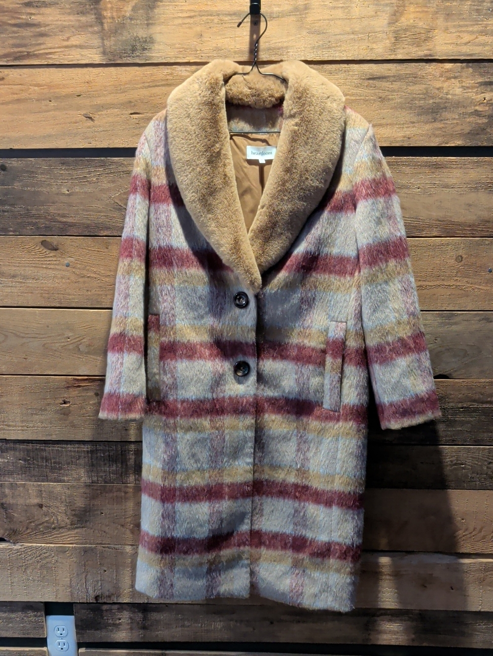 Heartloom Plaid Pea Coat with Faux Fur Collar - Beige & Burgundy